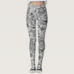 Legging Padrão de Paisley Floral do Ornamentado Preto e Br