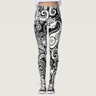 Legging Padrão de Paisley Preto e Branco