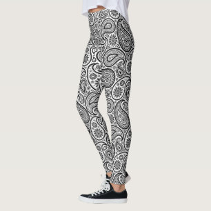 Legging Padrão de Paisley Preto e Branco