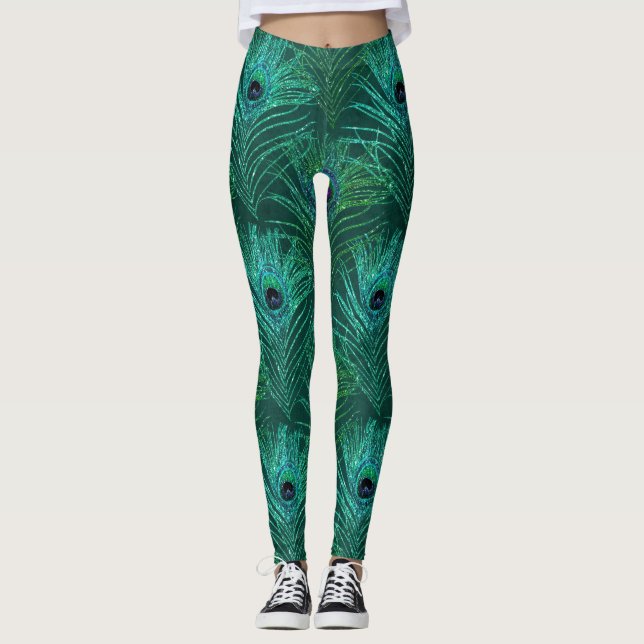 Legging Padrão de pena de pavão verde do pavão (Frente)