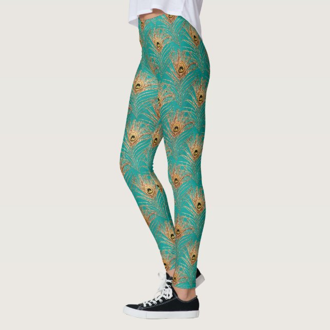Legging Padrão de Penas de Pavão com Brilho  (Esquerda)