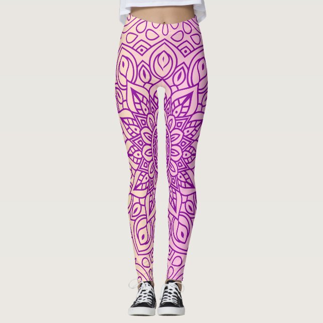 Legging Padrão de Pêssego Roxo Pêssego Elegante Mandala (Frente)