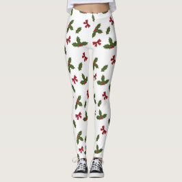 Legging Padrão de Planta de Azevinho Comum de Natal e Laço