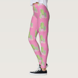 Legging Padrão de planta em vaso de cacto em aquarela rosa