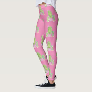 Legging Padrão de planta em vaso de cacto em aquarela rosa