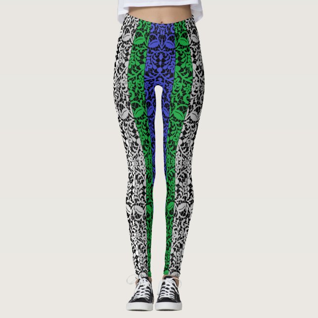 Legging Padrão de plantas azul e verde A07.b preto BG (Frente)