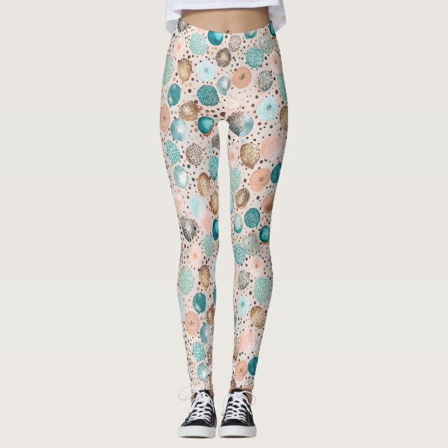 Legging Padrão de Ponto de Abstrato Shimmering em Turquesa (Frente)