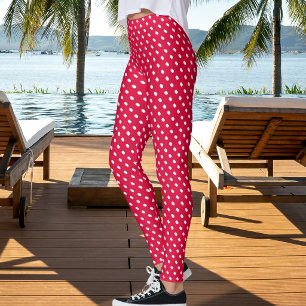 Legging Padrão de Pontos Vermelho Cereja Branco de Natal