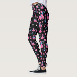 Legging Padrão de Poodle Rosa e Azul em Fundo Preto