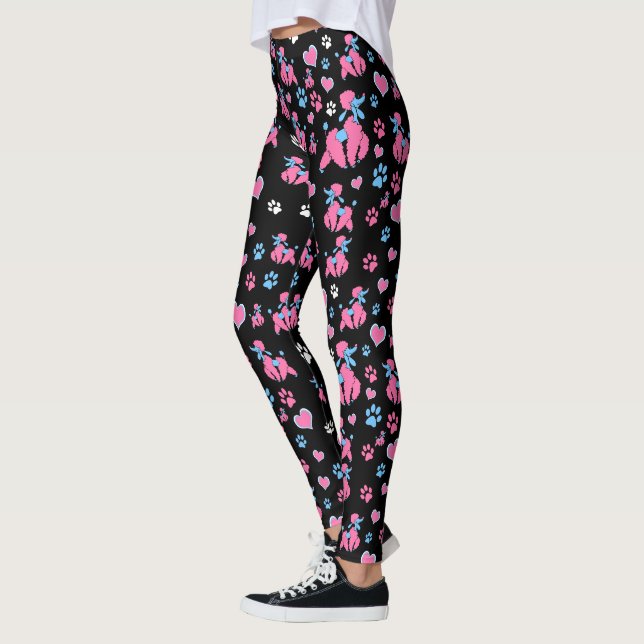 Legging Padrão de Poodle Rosa e Azul em Fundo Preto (Esquerda)