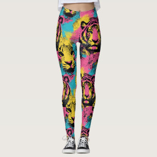 Legging Padrão de Pop de arte do Tiger em rosa, amarelo e 