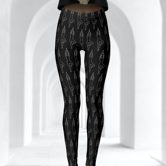 Legging Padrão de Pose de Yoga no palco preto e branco (A fun yoga pose pattern (the tree pose) on these black and white leggings. Namaste)