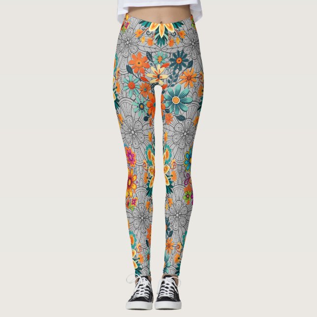 Legging Padrão de potes florais multicores. Cinzas pretas  (Frente)