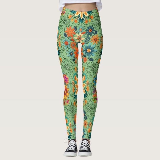 Legging Padrão de potes florais multicores. preto L Verde  (Frente)