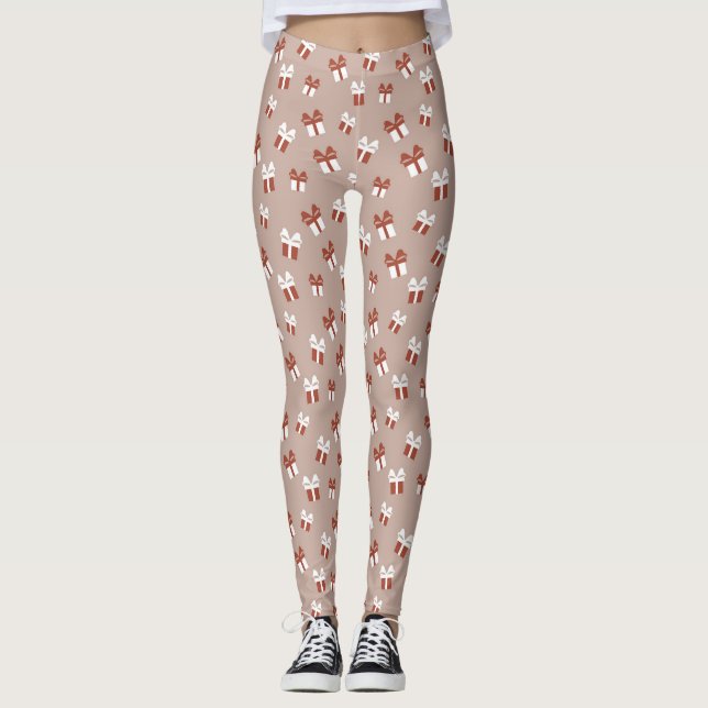 Legging Padrão de presentes de Natal castanho e branco (Frente)