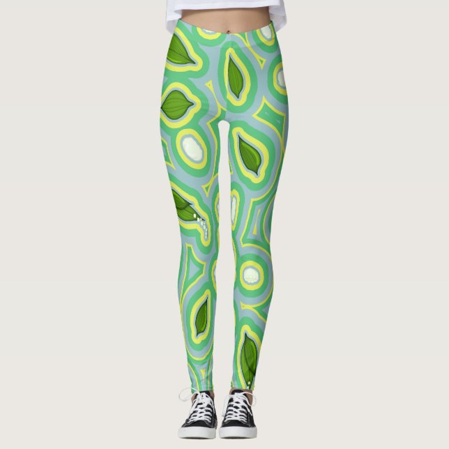 Legging Padrão de primavera Lily no Azul-Céu, Amarelo-Mant (Frente)
