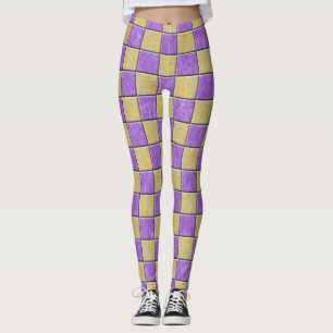 Legging Padrão de quadrados Dourados e roxos