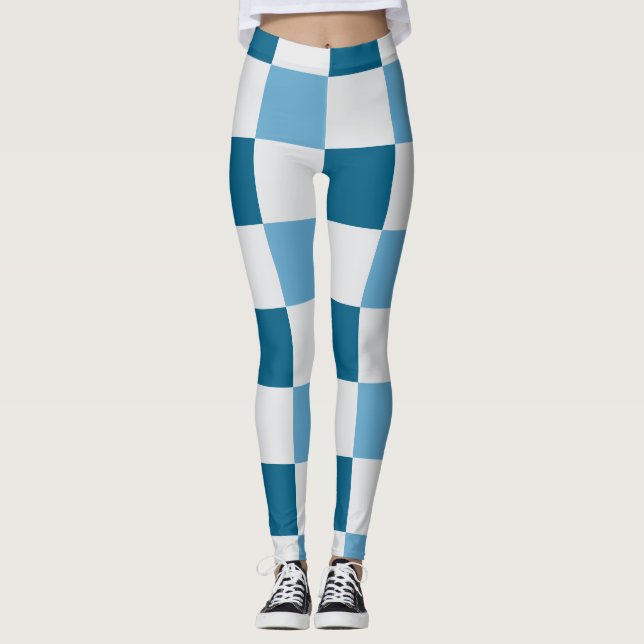Legging Padrão De Quadro De Verificação Branco E Azul (Frente)