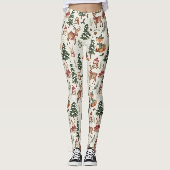 Legging Padrão de Raposa de Natal Floresta de Veado Coelho (Frente)
