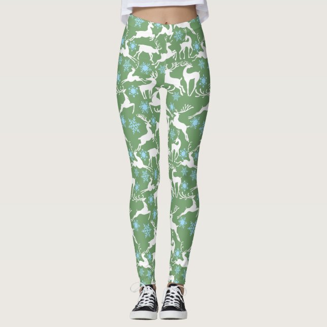 Legging Padrão de Rena de Natal, branco 02 L Fundo Verde (Frente)