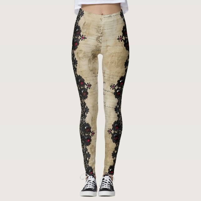 Legging Padrão de renda gótica rubi vitoriana (6) (Frente)