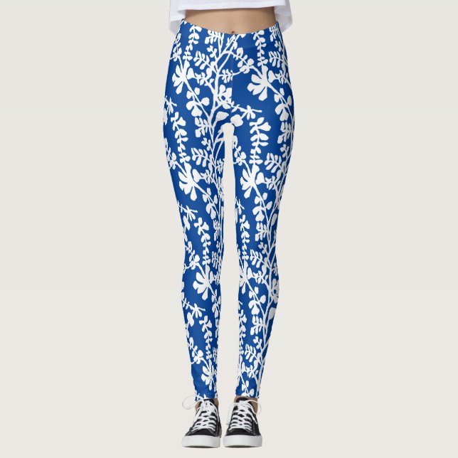 Legging Padrão De Repetição Floral Azul E Branco (Frente)