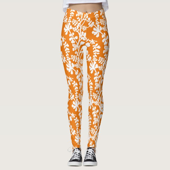 Legging Padrão De Repetição Floral Laranja E Branca (Frente)