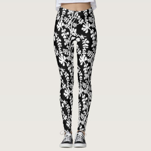 Legging Padrão De Repetição Floral Preto E Branco