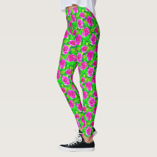 Legging Padrão de Rosa de Aquarela Rosa Fuchsia