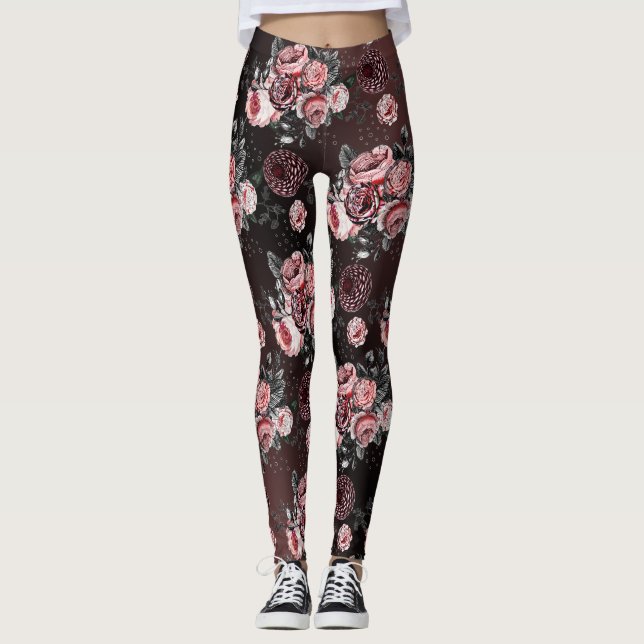 Legging Padrão de Rosa de pinagem preto-roxo, cor-de-rosa, (Frente)