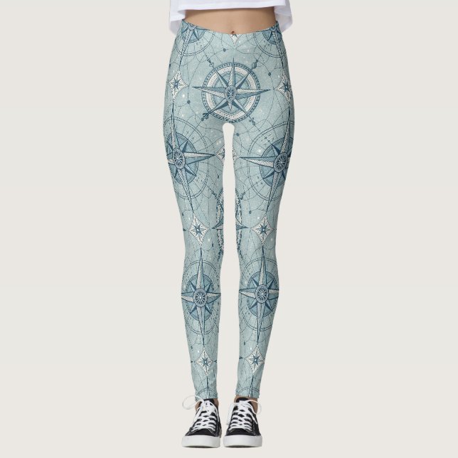 Legging Padrão de Rosa dos Ventos de Bússola Náutica Vinta (Frente)