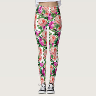 Legging Padrão De Rosa Floral Rosa E Roxo