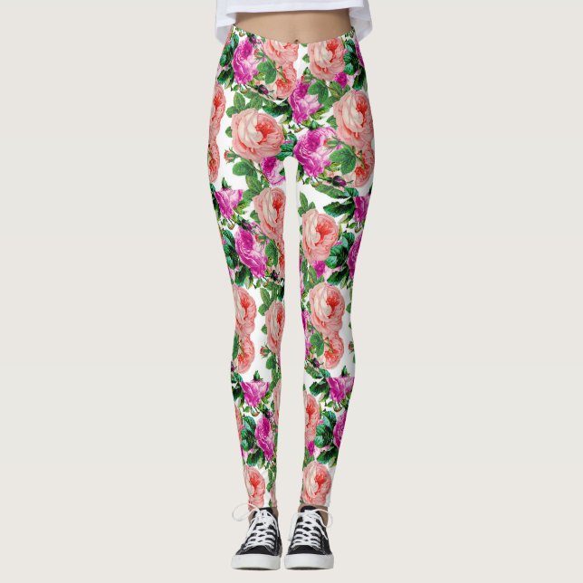 Legging Padrão De Rosa Floral Rosa E Roxo (Frente)