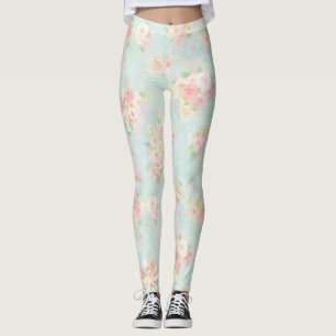 Legging Padrão de Rosa Pastel Suave em Fundo Aquático