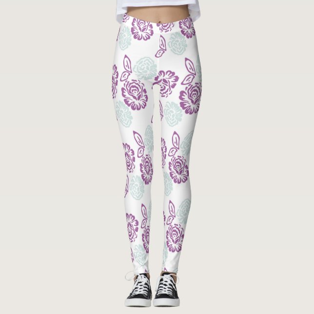 Legging Padrão de Rosas Azuis Roxo e Claro (Frente)