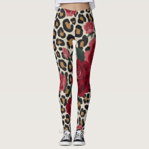 Legging Padrão de Rosas Vermelhas Leopardo