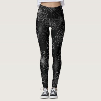 Legging Padrão de Seda Cobweb de Aranha Branca em Preto