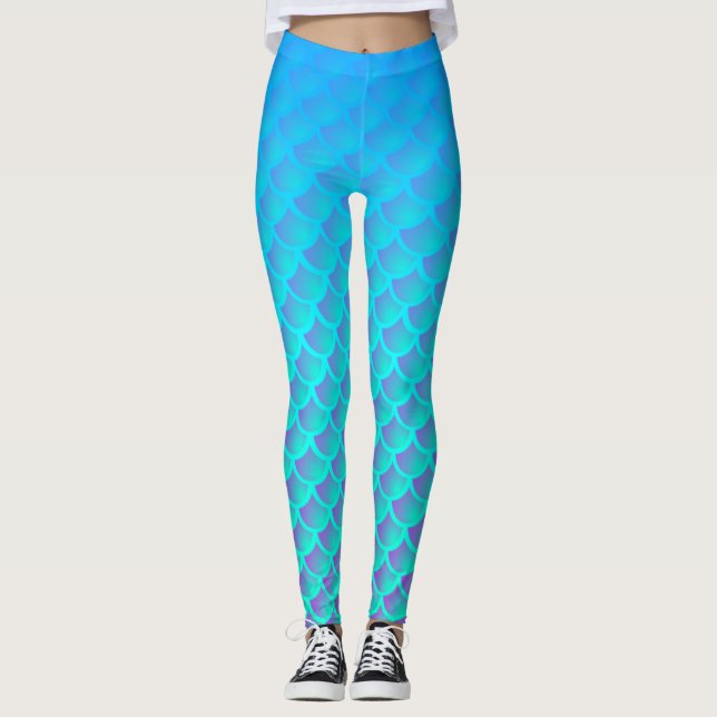 Legging Padrão de Sereia em Azul Aqua e Roxo (Frente)