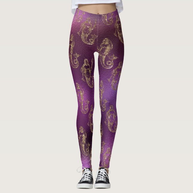 Legging Padrão De Sereia Roxo E Dourada (Frente)
