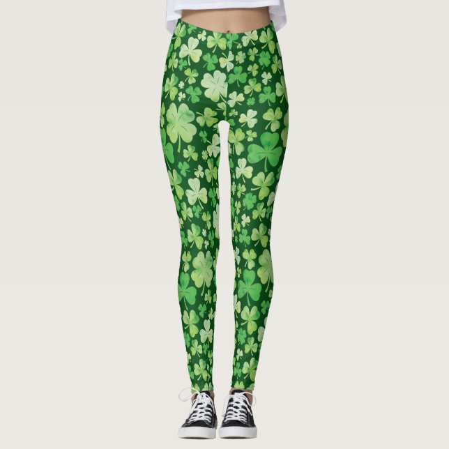 Legging Padrão de Shamrock de Aquarela Verde do Dia de São (Frente)