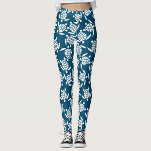 Legging Padrão de Silhueta de Tartaruga Branca e Azul