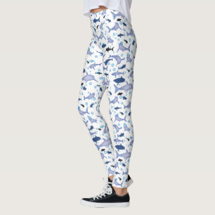 Legging Padrão de silhueta de tubarão branco e azul