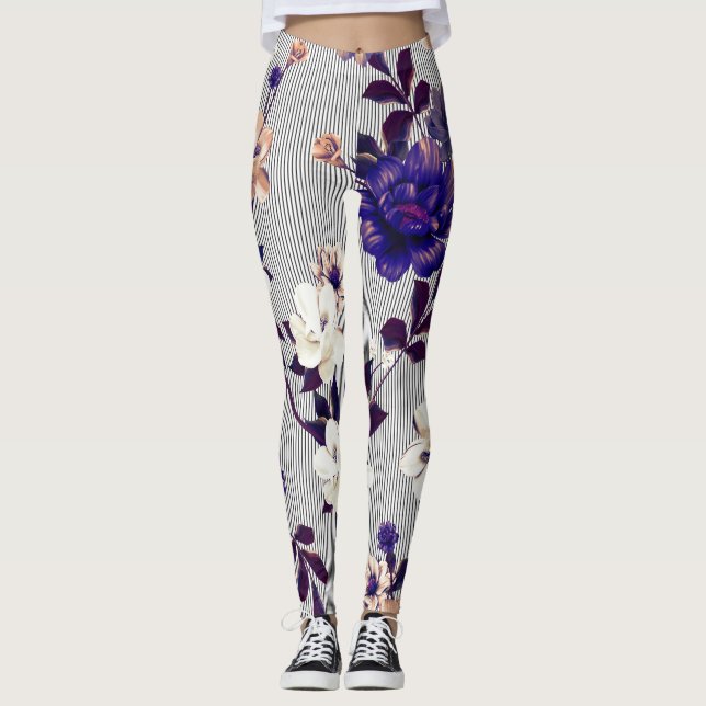 Legging Padrão de Silhueta Preta das Flores de Mola (Frente)