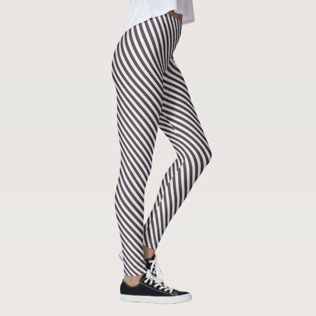 Legging Padrão de Stripes Diagonais Branco Azul Escuro (Direita)