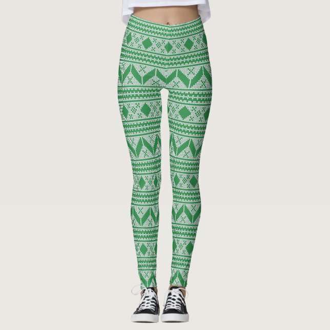 Legging Padrão de Suéter de Natal Feio Verde (Frente)