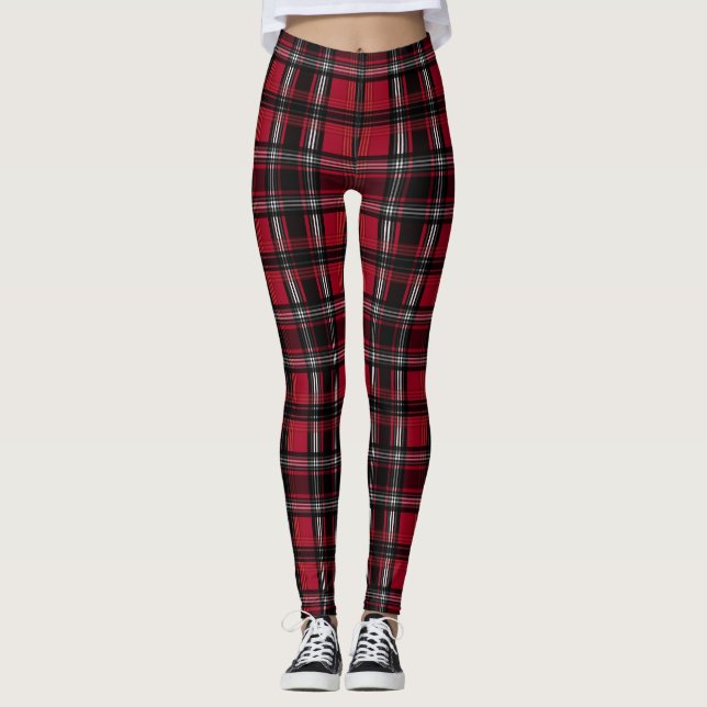 Legging Padrão De Tartan Xadrez Vermelho E Preto (Frente)