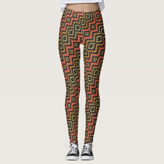 Legging Padrão de tecelagem do Egito Negro-Vermelho (Frente)