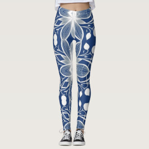 Legging Padrão de tecido Floral Branco Elegante no Azul Pr