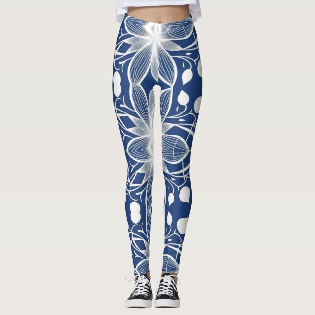 Legging Padrão de tecido Floral Branco Elegante no Azul Pr (Frente)