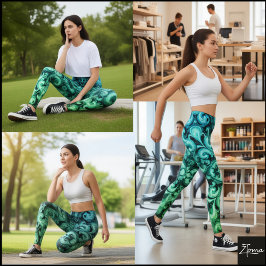 Legging Padrão de Trabalho de Rolo Ornamental Azul Verde O